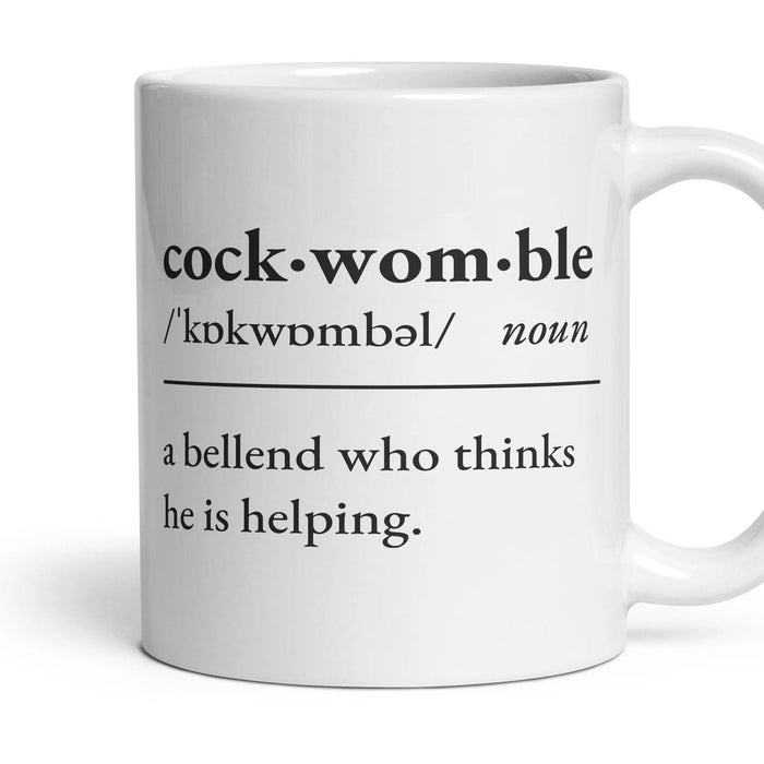 Cockwomble mug, 11oz white ceramic, handle right
