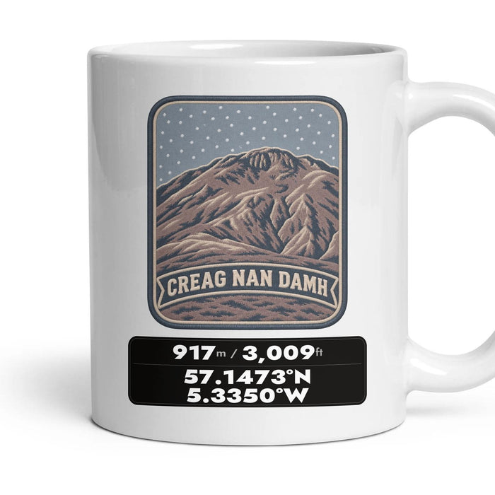 Creag nan Damh Summit Patch mug, 11oz white ceramic, Creag nan Damh, handle right