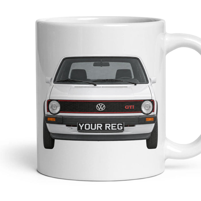 VW Golf GTI Mk1 Personalised Number Plate Mug - Alpine White - Front & Rear mug, 11oz white ceramic, Alpine White, handle right
