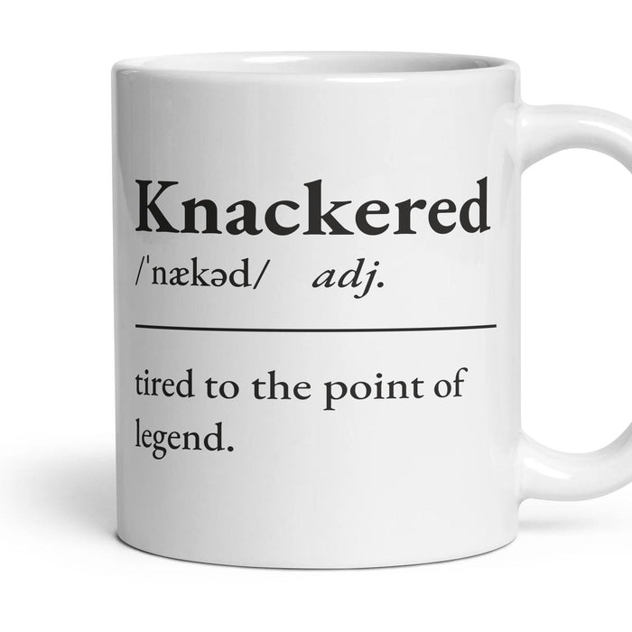 Knackered mug, 11oz white ceramic, handle right