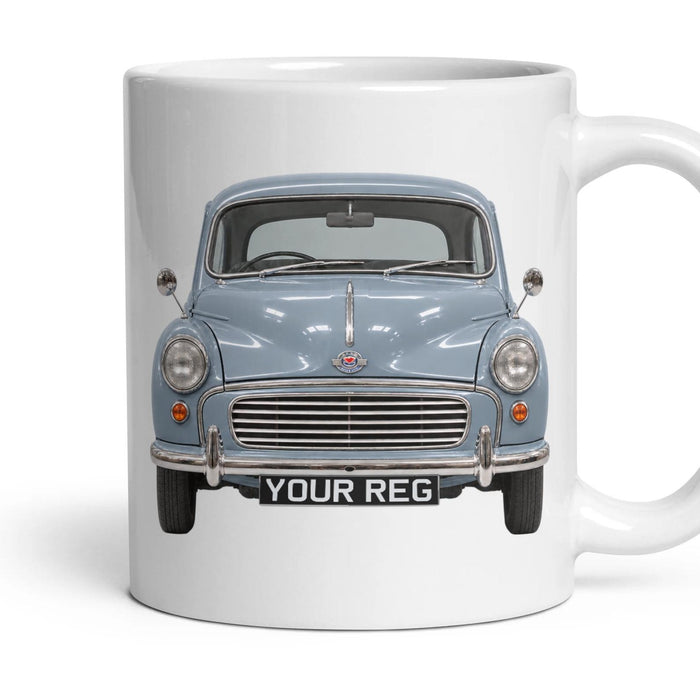 Morris Minor 1000 Personalised Number Plate Mug - Smoke Grey - Front & Rear mug, 11oz white ceramic, Smoke Grey, handle right