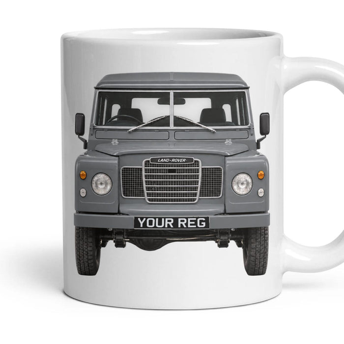 Land Rover Series III Personalised Number Plate Mug - Mid Grey - Front & Rear mug, 11oz white ceramic, Mid Grey, handle right