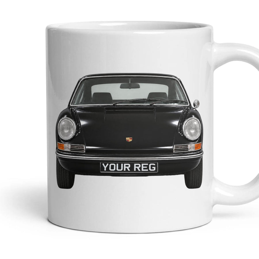 Porsche 911 (Classic) Personalised Number Plate Mug - Black - Front & Rear mug, 11oz white ceramic, Black, handle right