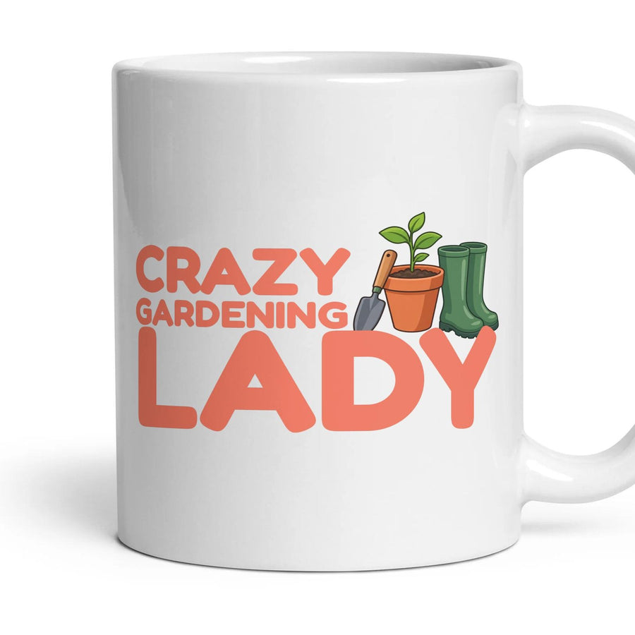 Crazy Gardening Lady mug, 11oz white ceramic, handle right