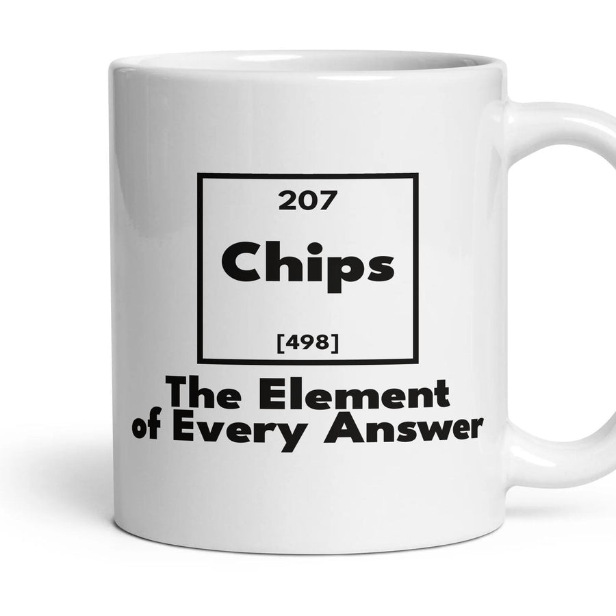 Chips The Element of Every Answer mug, 11oz white ceramic, handle right