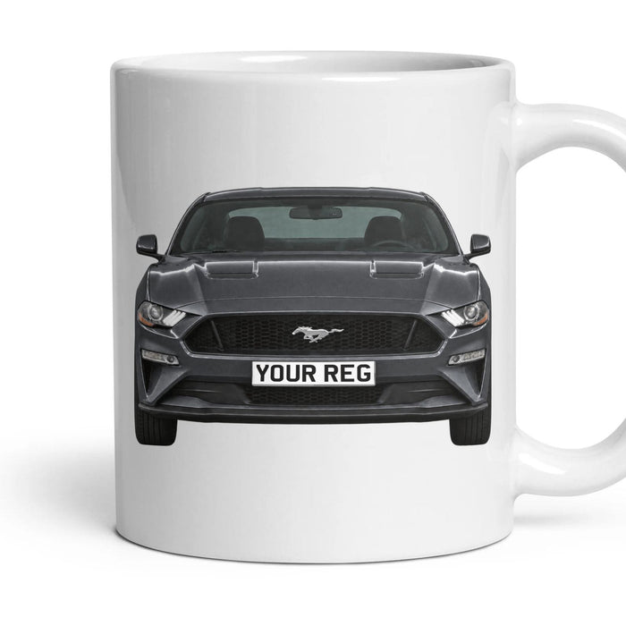 Ford Mustang S550 Personalised Number Plate Mug - Carbonized Gray - Front & Rear mug, 11oz white ceramic, Carbonized Gray, handle right