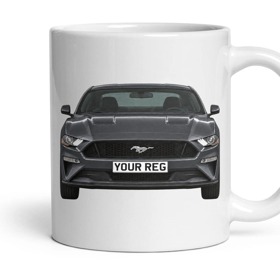 Ford Mustang S550 Personalised Number Plate Mug - Carbonized Gray - Front & Rear mug, 11oz white ceramic, Carbonized Gray, handle right