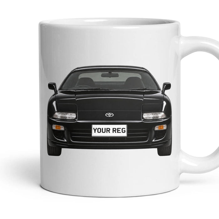 Toyota Supra Mk4 Personalised Number Plate Mug - Black - Front & Rear mug, 11oz white ceramic, Black, handle right