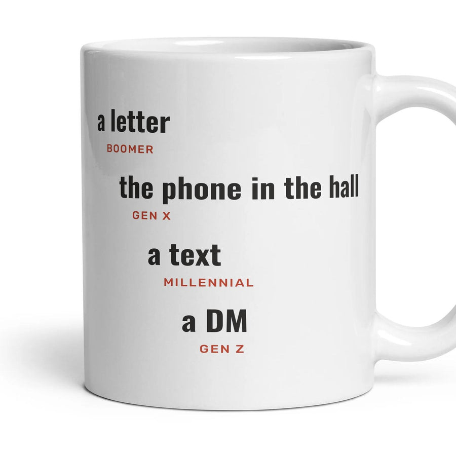 Asking someone out: a letter, the phone in the hall, a text, a DM mug, 11oz white ceramic, handle right