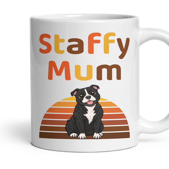 Staffy Mum mug, 11oz white ceramic, Black & White, handle right