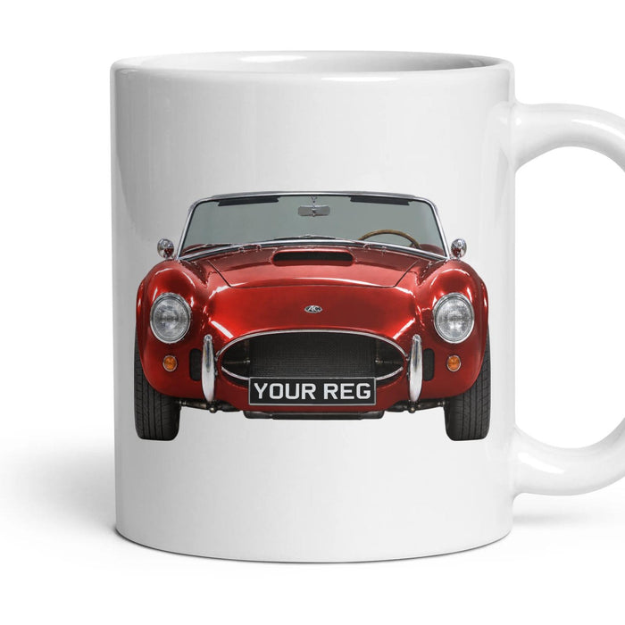 AC Cobra Personalised Number Plate Mug - Rangoon Red - Front & Rear mug, 11oz white ceramic, Rangoon Red, handle right