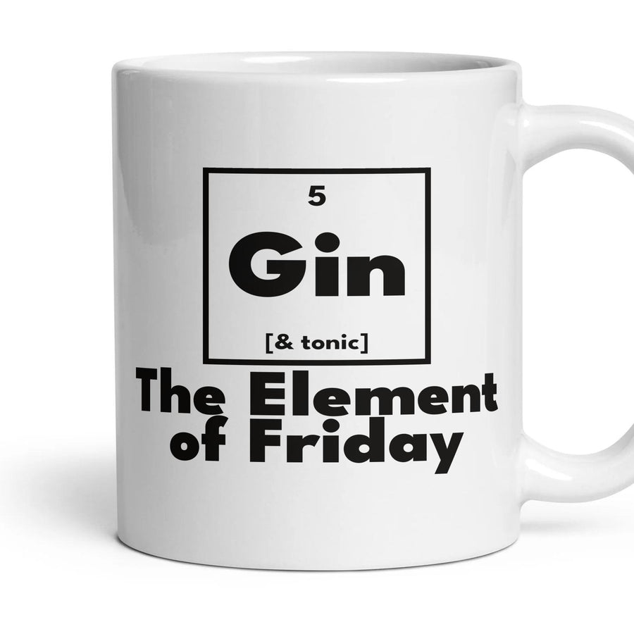 Gin The Element of Friday mug, 11oz white ceramic, handle right