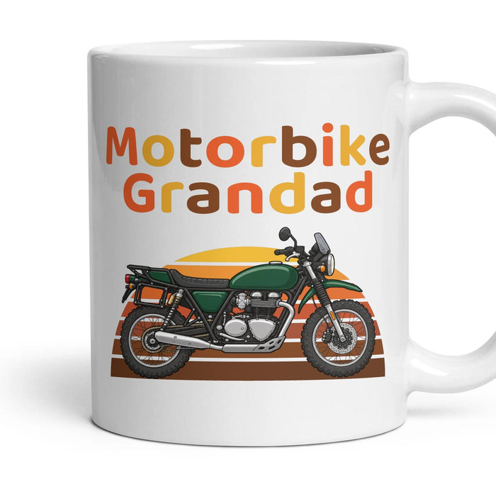 Motorbike Grandad mug, 11oz white ceramic, Adventure, handle right