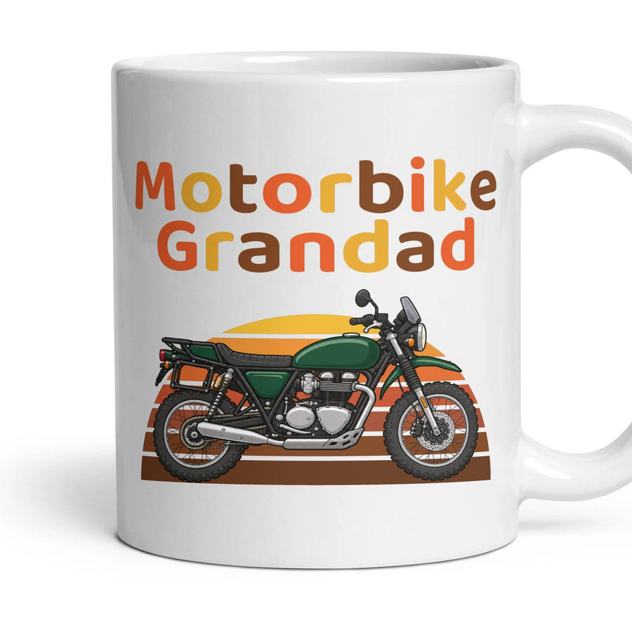 Motorbike Grandad mug, 11oz white ceramic, Adventure, handle right