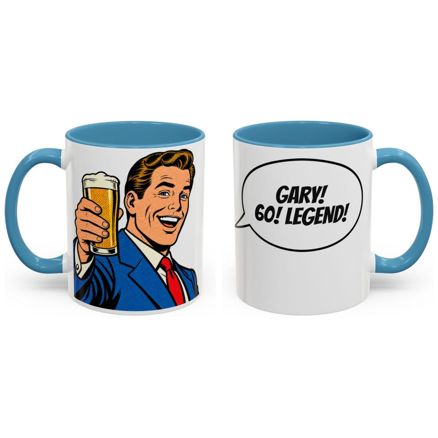 [Name]! 60! LEGEND! mug, 11oz white ceramic, light blue handle and interior, handle right