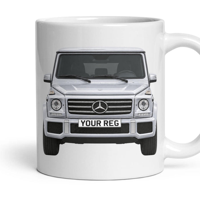 Mercedes-Benz G-Class Personalised Number Plate Mug - Diamond Silver Metallic - Front & Rear mug, 11oz white ceramic, Diamond Silver Metallic, handle right