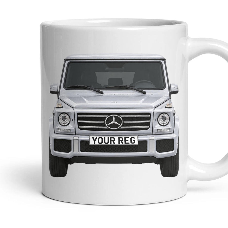 Mercedes-Benz G-Class Personalised Number Plate Mug - Diamond Silver Metallic - Front & Rear mug, 11oz white ceramic, Diamond Silver Metallic, handle right