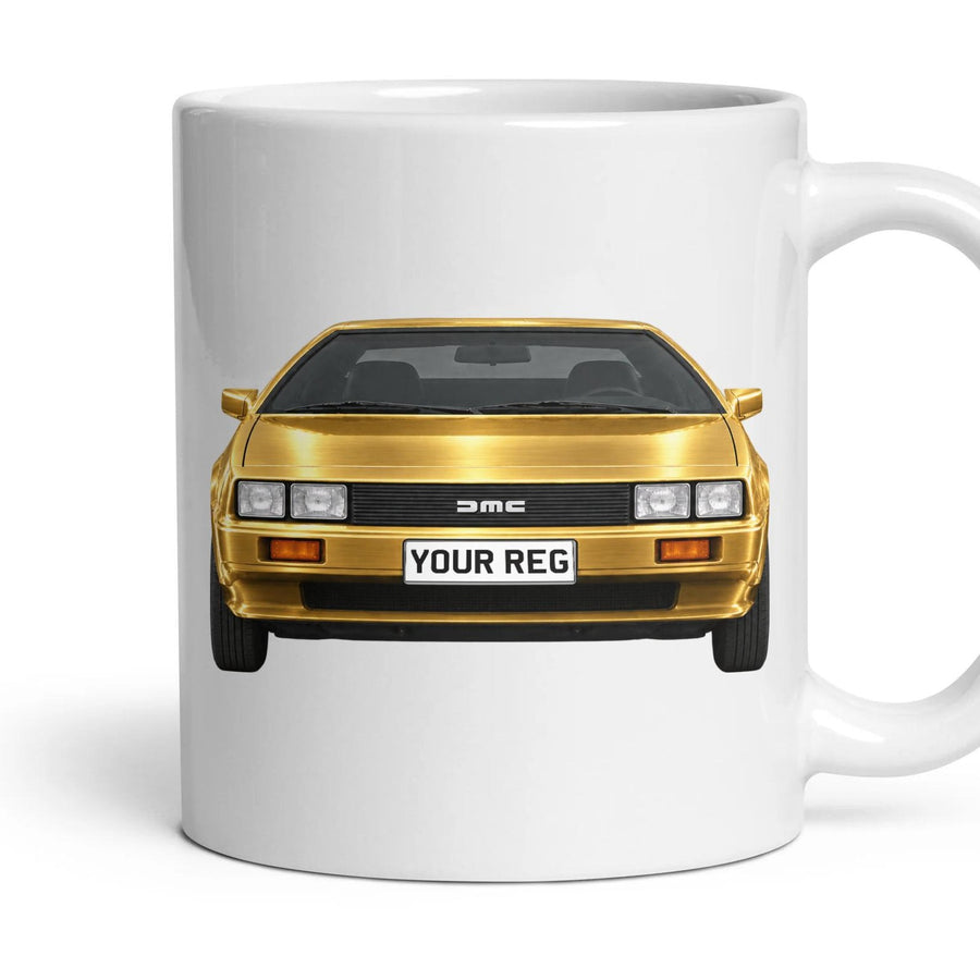 DeLorean DMC-12 Personalised Number Plate Mug - 24 Carat Gold - Front & Rear mug, 11oz white ceramic, 24 Carat Gold, handle right