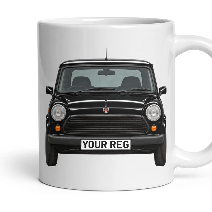 Rover Mini Cooper Personalised Number Plate Mug - Black - Front & Rear mug, 11oz white ceramic, Black, handle right