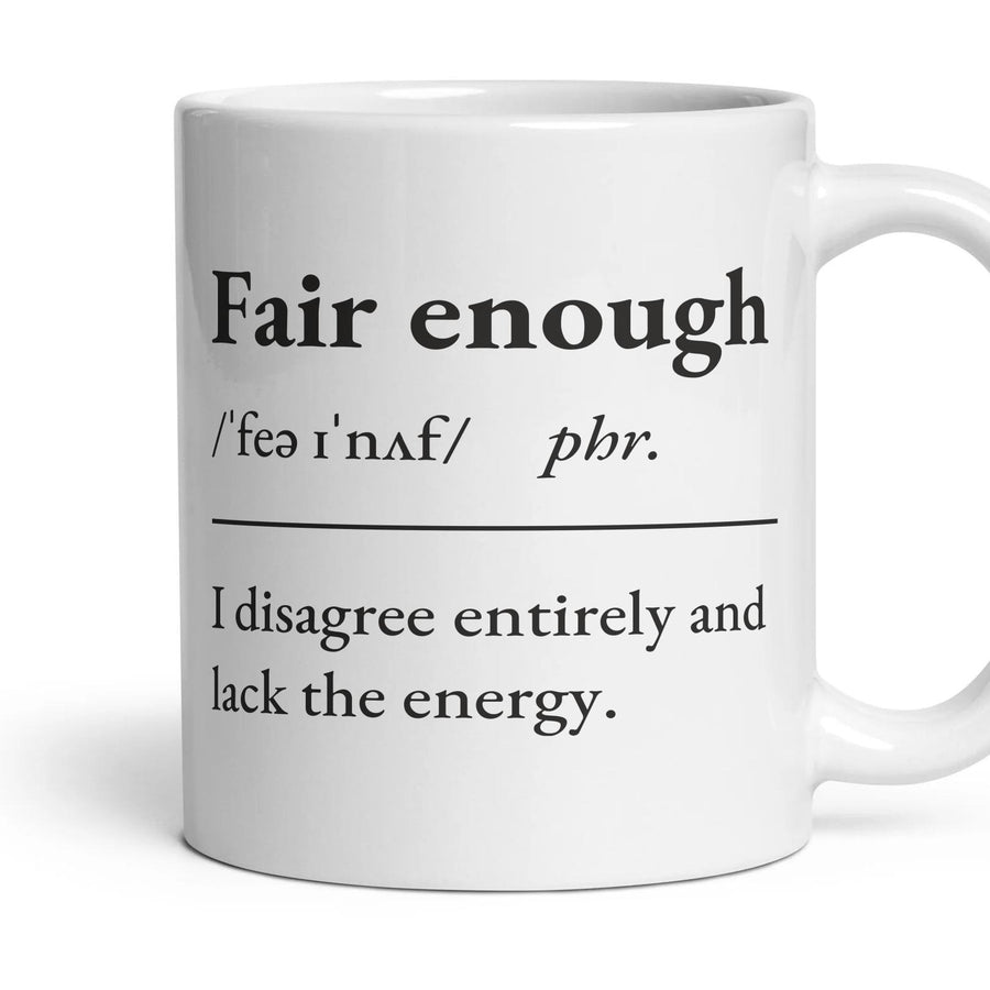 Fair enough mug, 11oz white ceramic, handle right
