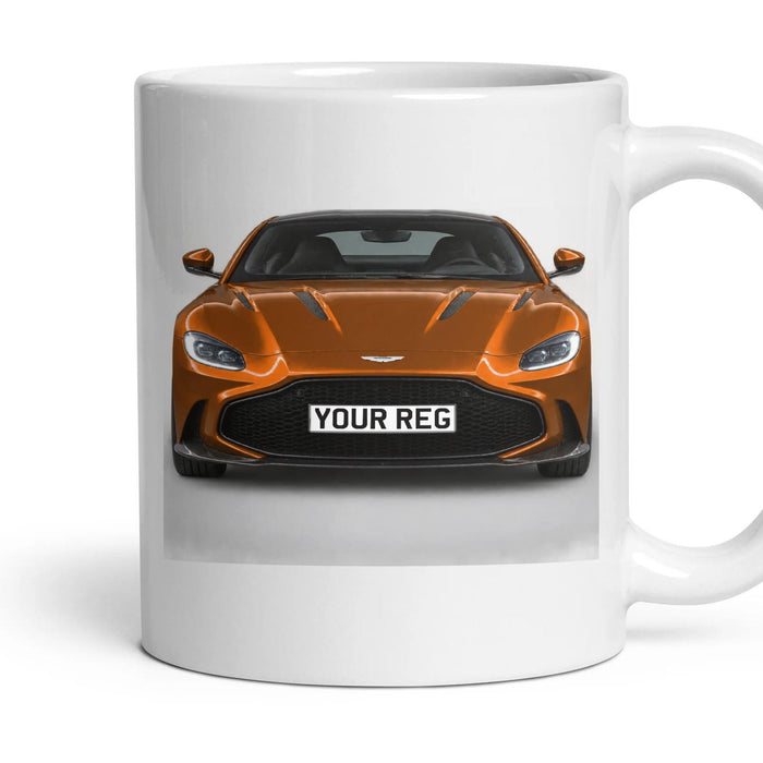 Aston Martin Vantage Personalised Number Plate Mug - Cosmos Orange - Front & Rear mug, 11oz white ceramic, Cosmos Orange, handle right