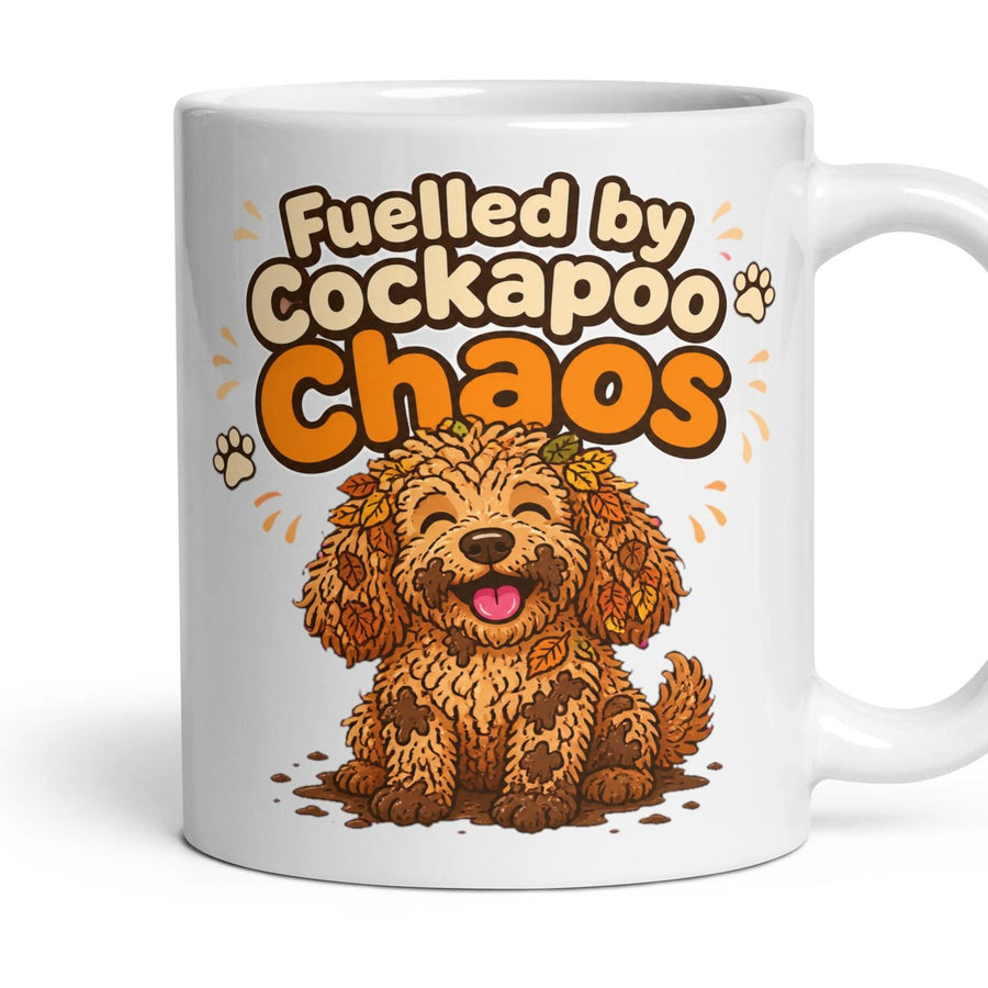 Fuelled by Cockapoo Chaos mug, 11oz white ceramic, handle right