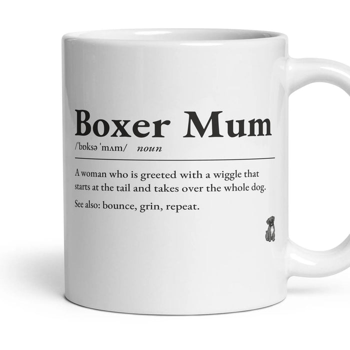 Boxer Mum mug, 11oz white ceramic, Brindle, handle right