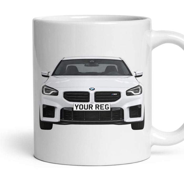 BMW M2 Personalised Number Plate Mug - Alpine White - Front & Rear mug, 11oz white ceramic, Alpine White, handle right