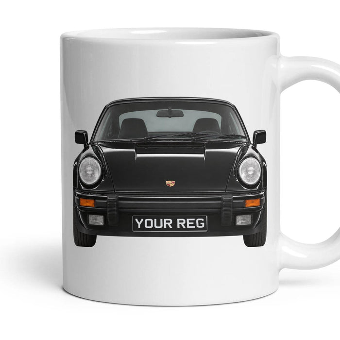 Porsche 911 G-Series Personalised Number Plate Mug - Black - Front & Rear mug, 11oz white ceramic, Black, handle right