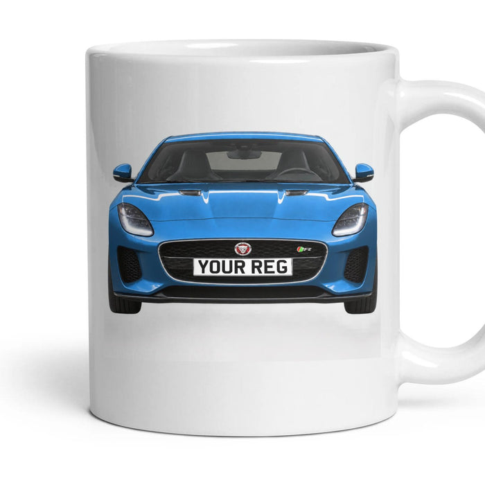 Jaguar F-Type Personalised Number Plate Mug - Ultra Blue - Front & Rear mug, 11oz white ceramic, Ultra Blue, handle right