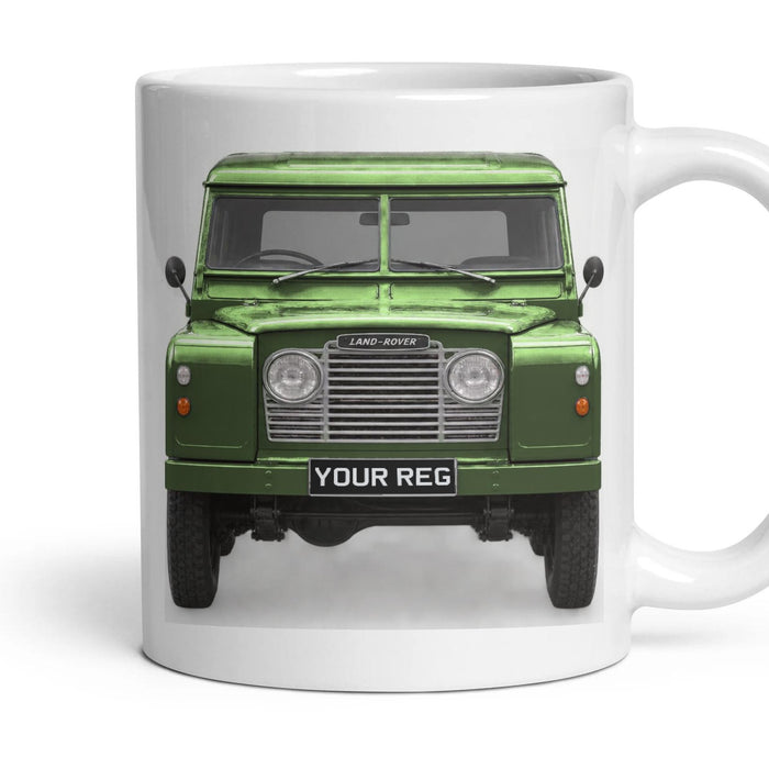 Land Rover Series IIA Personalised Number Plate Mug - Bronze Green - Front & Rear mug, 11oz white ceramic, Bronze Green, handle right
