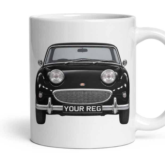Austin-Healey Sprite Personalised Number Plate Mug - Black - Front & Rear mug, 11oz white ceramic, Black, handle right