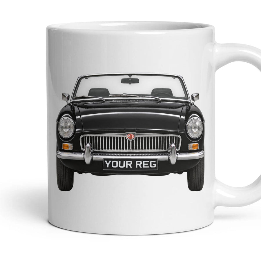 MG MGB Personalised Number Plate Mug - Black - Front & Rear mug, 11oz white ceramic, Black, handle right