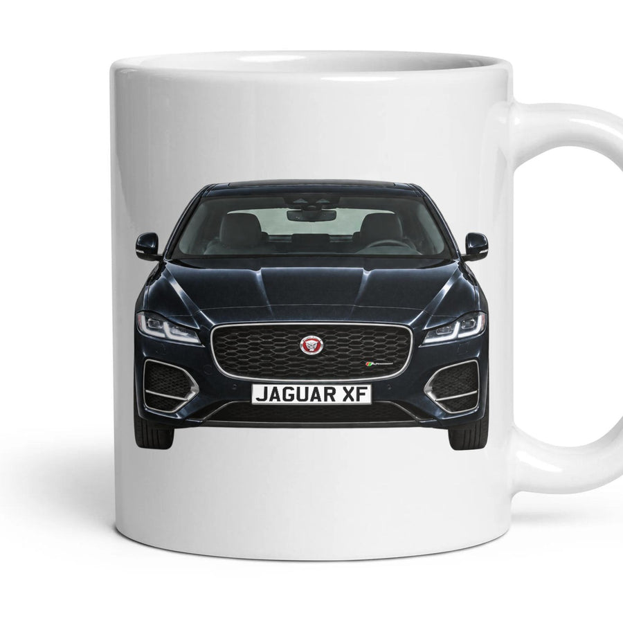 Jaguar XF Number Plate Mug - Santorini Black - Front & Rear mug, 11oz white ceramic, Santorini Black, handle right