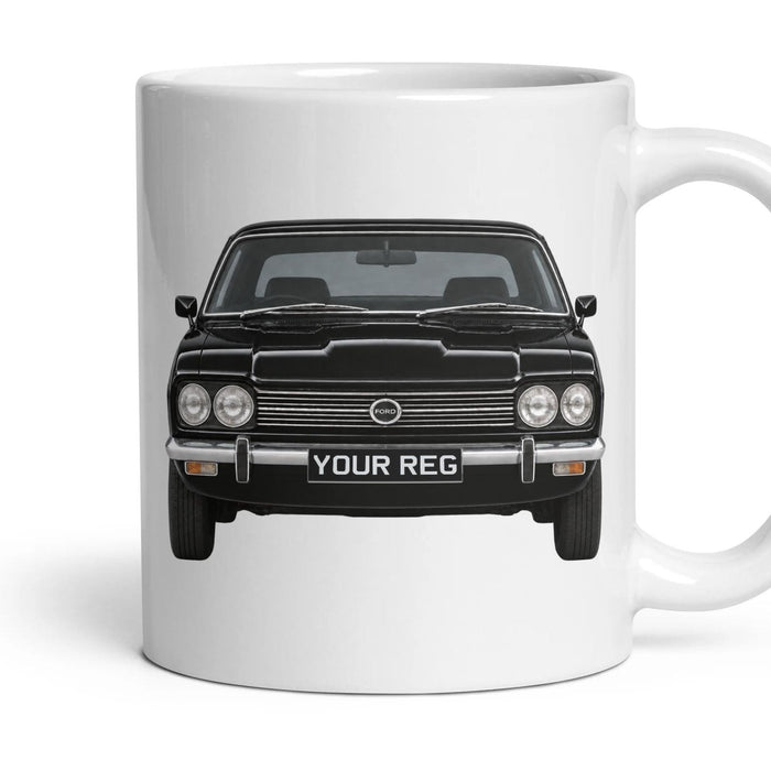 Ford Capri Mk1 Personalised Number Plate Mug - Black - Front & Rear mug, 11oz white ceramic, Black, handle right