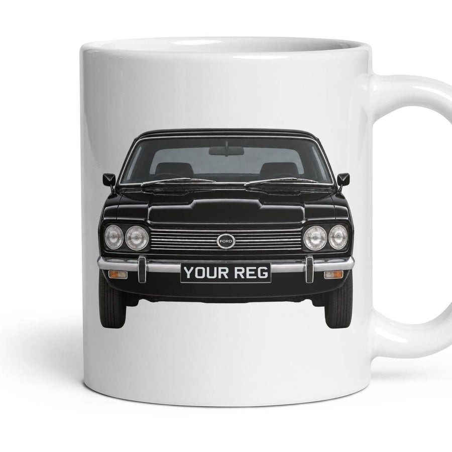 Ford Capri Mk1 Personalised Number Plate Mug - Black - Front & Rear mug, 11oz white ceramic, Black, handle right