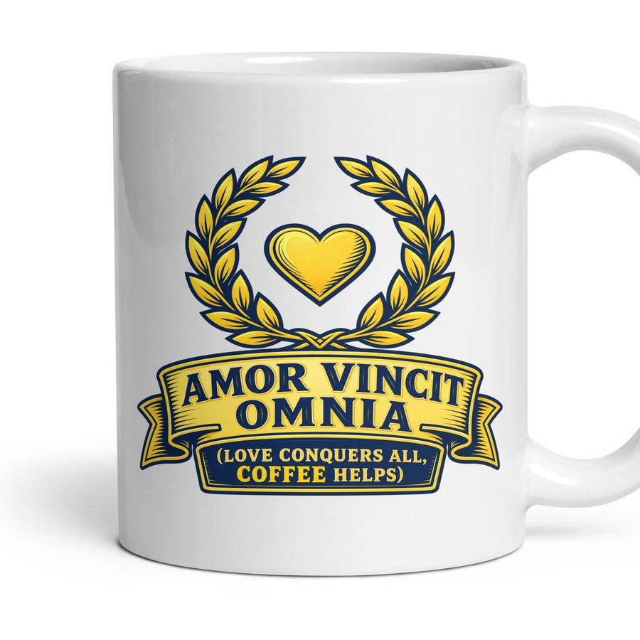 AMOR VINCIT OMNIA (love conquers all, coffee helps) mug, 11oz white ceramic, handle right