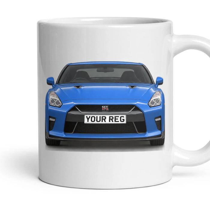 Nissan GT-R Personalised Number Plate Mug - Bayside Blue - Front & Rear mug, 11oz white ceramic, Bayside Blue, handle right