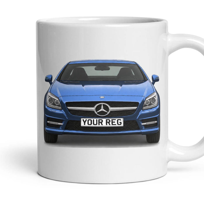 Mercedes-Benz SLK R172 Personalised Number Plate Mug - Cavansite Blue Metallic - Front & Rear mug, 11oz white ceramic, Cavansite Blue Metallic, handle right