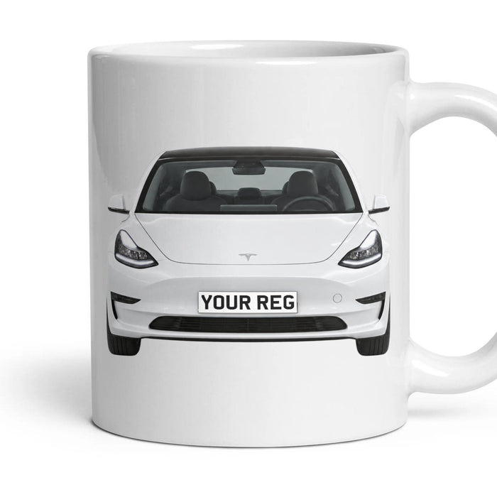 Tesla Model 3 Personalised Number Plate Mug - Pearl White - Front & Rear mug, 11oz white ceramic, Pearl White, handle right