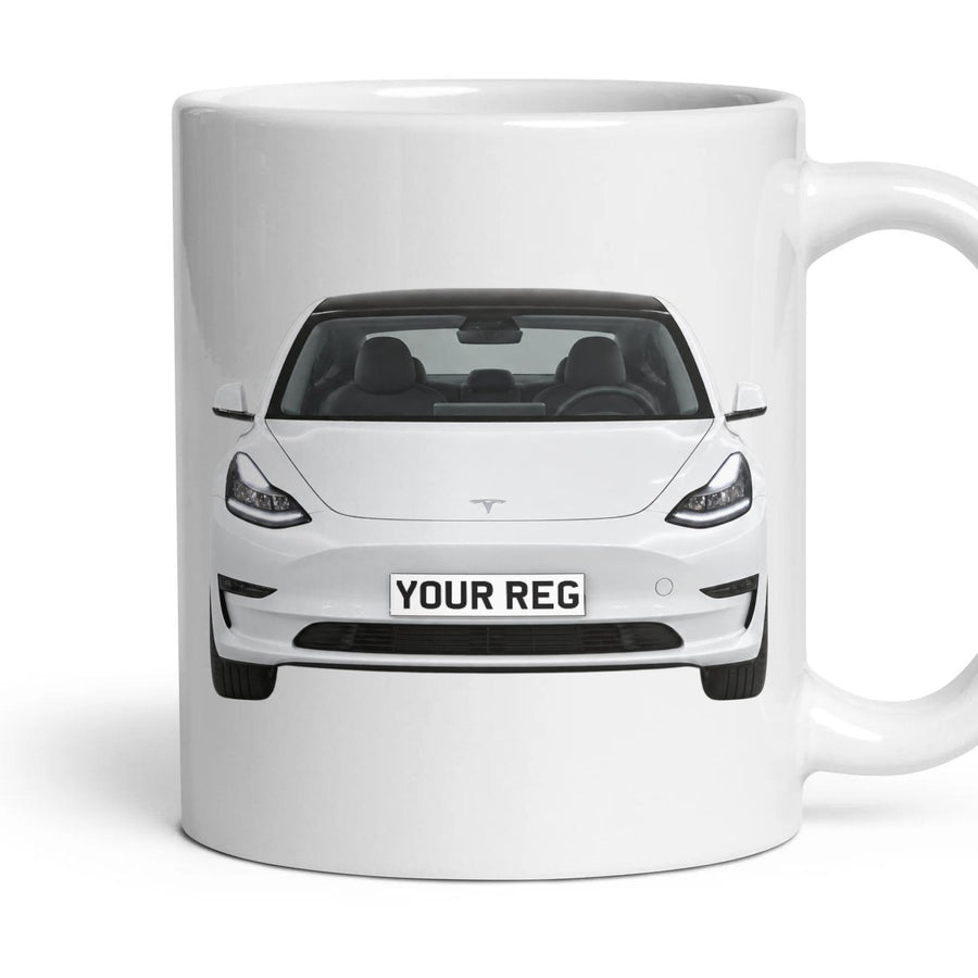 Tesla Model 3 Personalised Number Plate Mug - Pearl White - Front & Rear mug, 11oz white ceramic, Pearl White, handle right