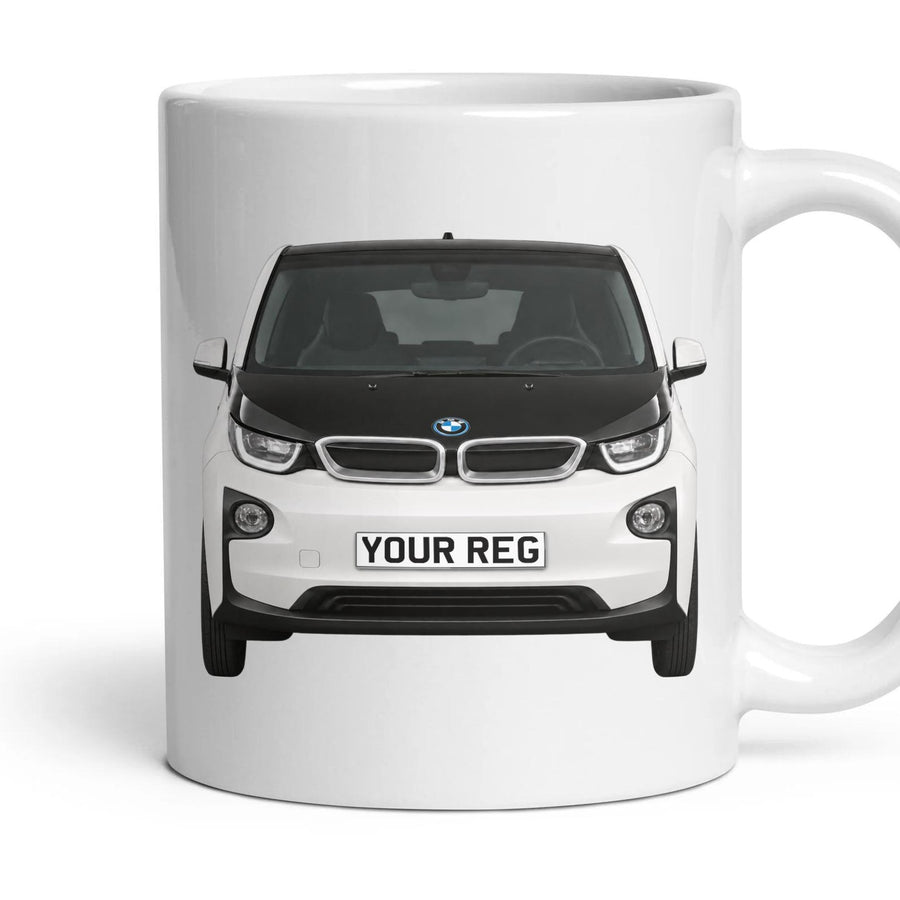 BMW i3 Personalised Number Plate Mug - Capparis White - Front & Rear mug, 11oz white ceramic, Capparis White, handle right