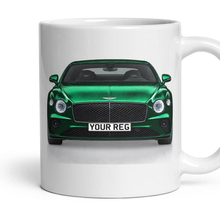 Bentley Continental GT Personalised Number Plate Mug - British Racing Green - Front & Rear mug, 11oz white ceramic, British Racing Green, handle right