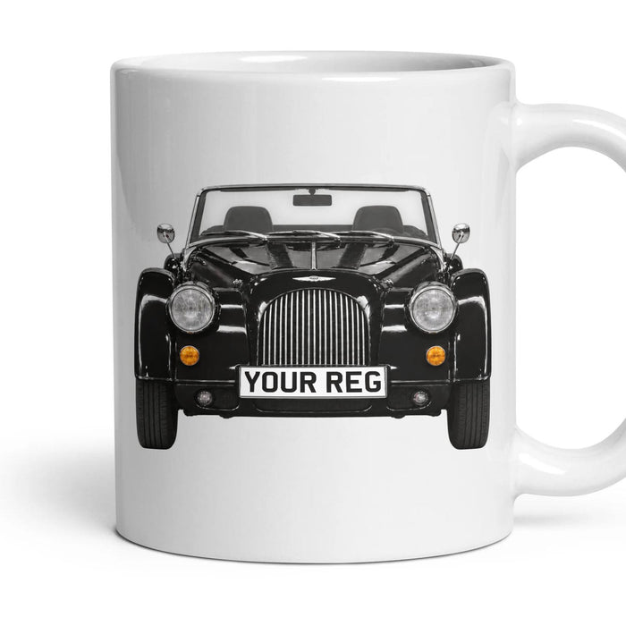 Morgan Plus Four Personalised Number Plate Mug - Black - Front & Rear mug, 11oz white ceramic, Black, handle right