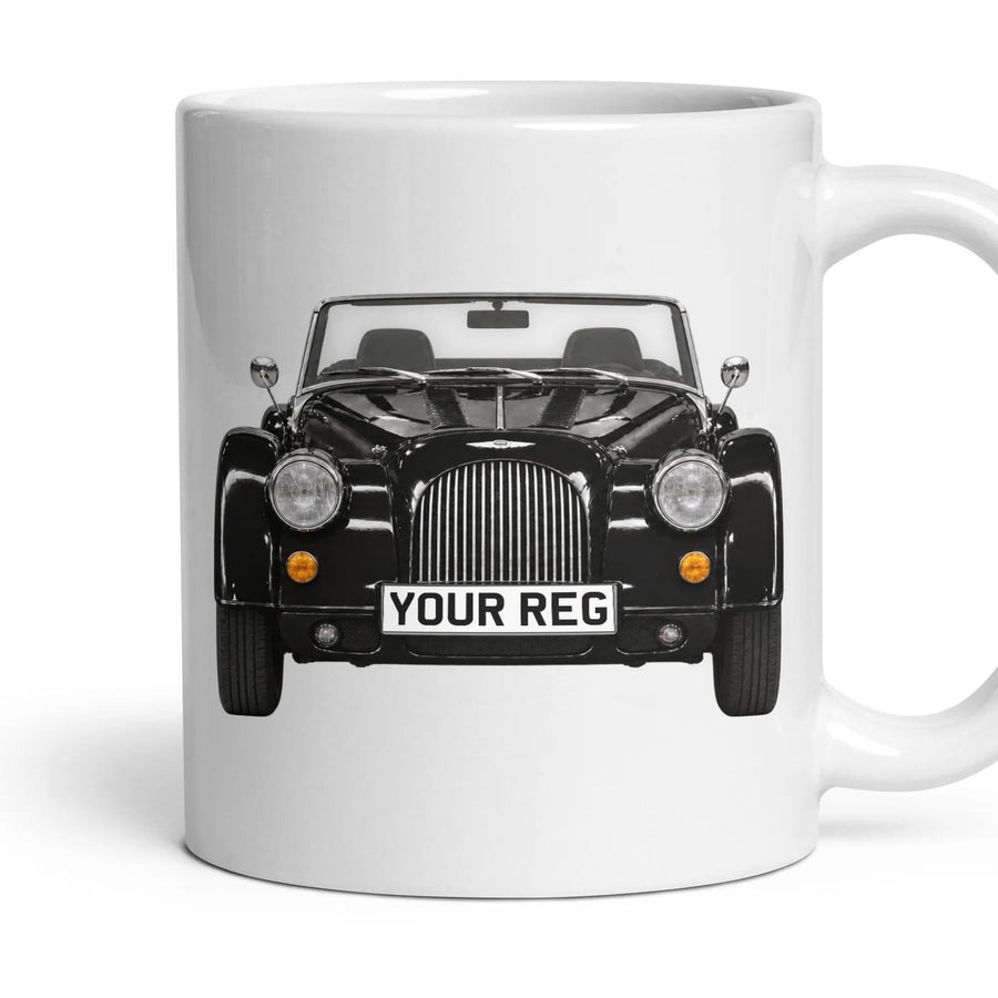 Morgan Plus Four Personalised Number Plate Mug - Black - Front & Rear mug, 11oz white ceramic, Black, handle right