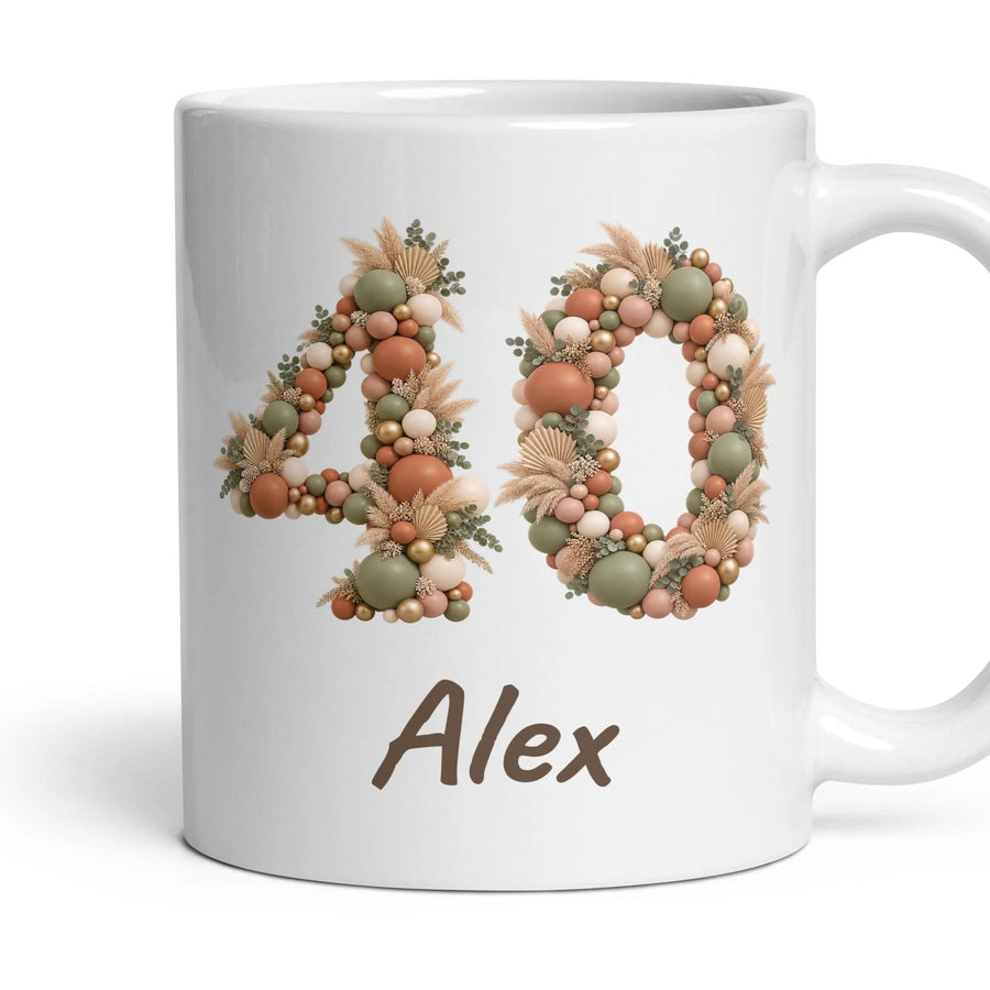 Personalised 40th Birthday Balloon Mug mug, 11oz white ceramic, Boho Sage & Terracotta, handle right