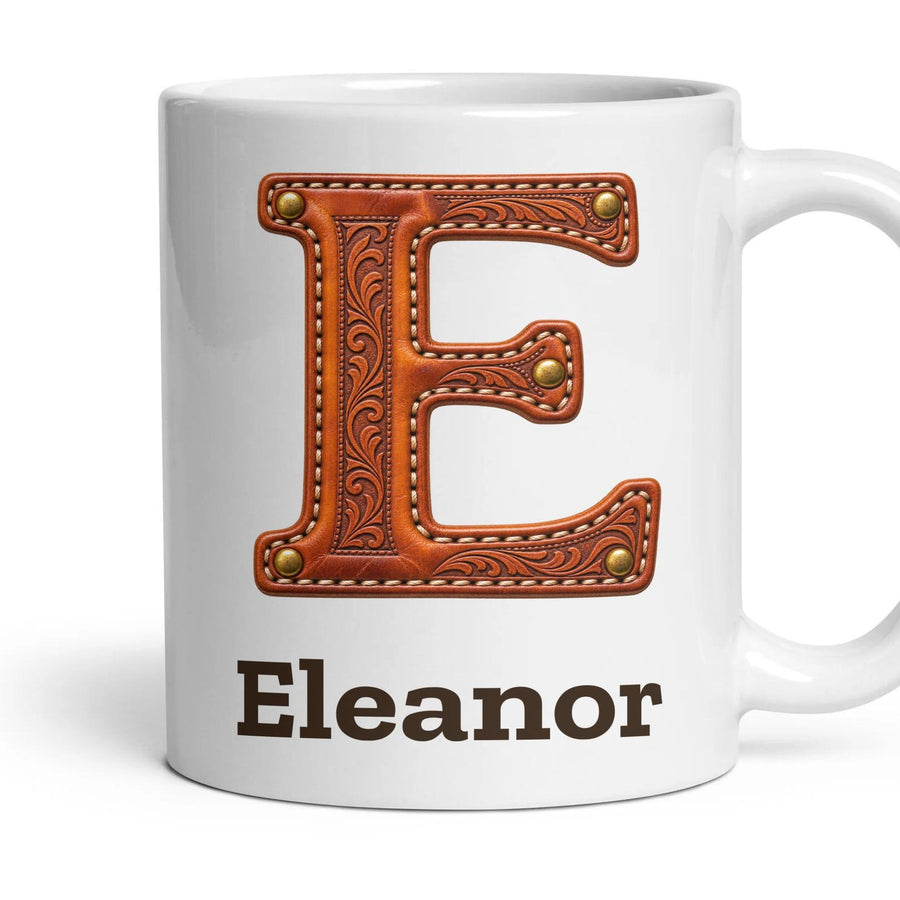 Personalised Leather Monogram Mug mug, 11oz white ceramic, handle right