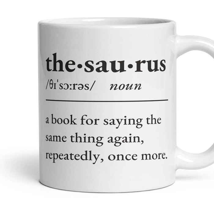 Thesaurus mug, 11oz white ceramic, handle right