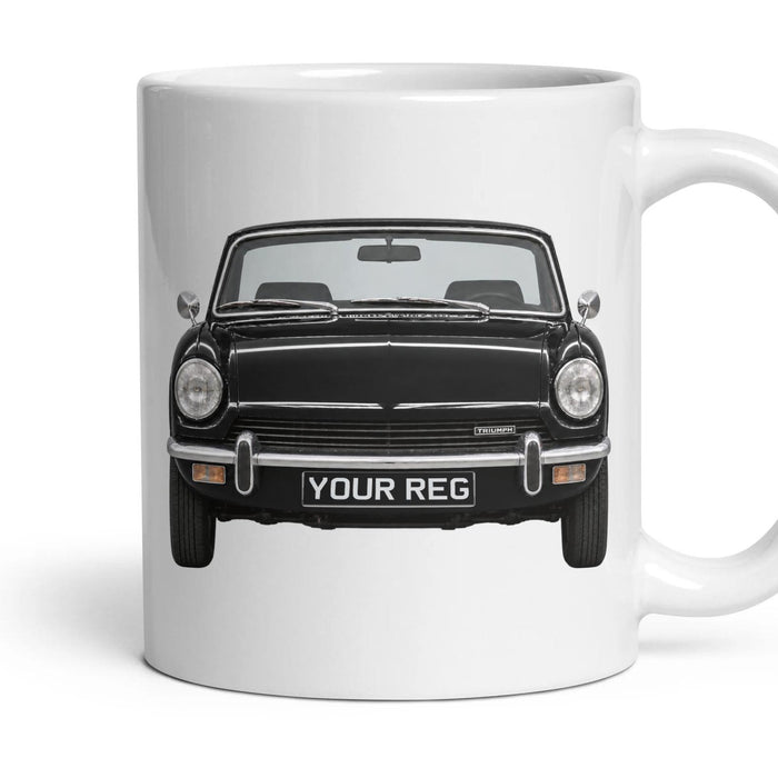 Triumph Spitfire Personalised Number Plate Mug - Black - Front & Rear mug, 11oz white ceramic, Black, handle right