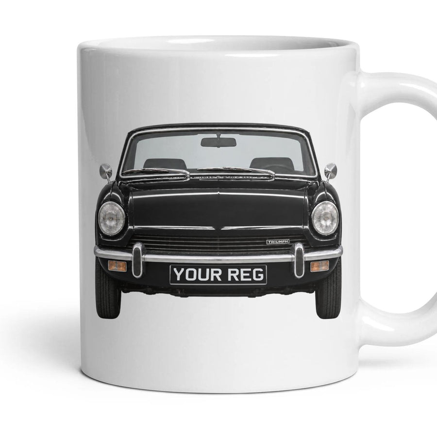 Triumph Spitfire Personalised Number Plate Mug - Black - Front & Rear mug, 11oz white ceramic, Black, handle right